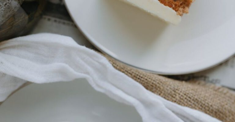 Layered Designs - A white plate with a piece of cake and a cup of tea